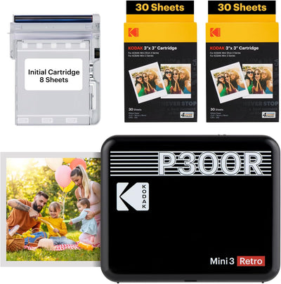 KODAK Mini 3 Retro 4Pass Tragbarer Fotodrucker (7,6 x 7,6 cm) – Paket mit 68 Blättern, schwarz Impri