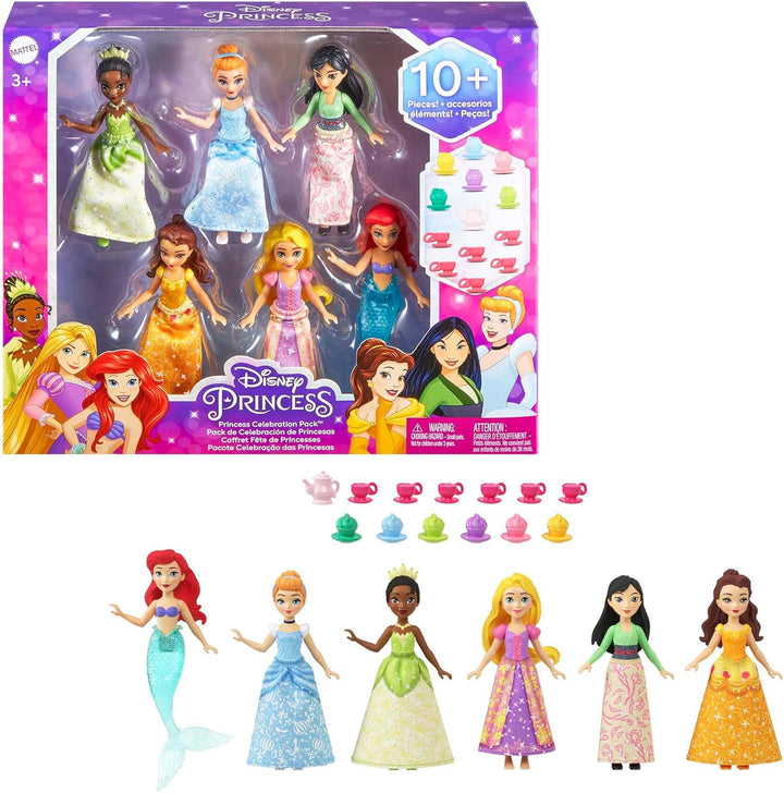 Disney Princess-Spielzeuge, 6 bewegliche kleine Puppen mit Glitzerkleidung und 13 Zubehörteilen für