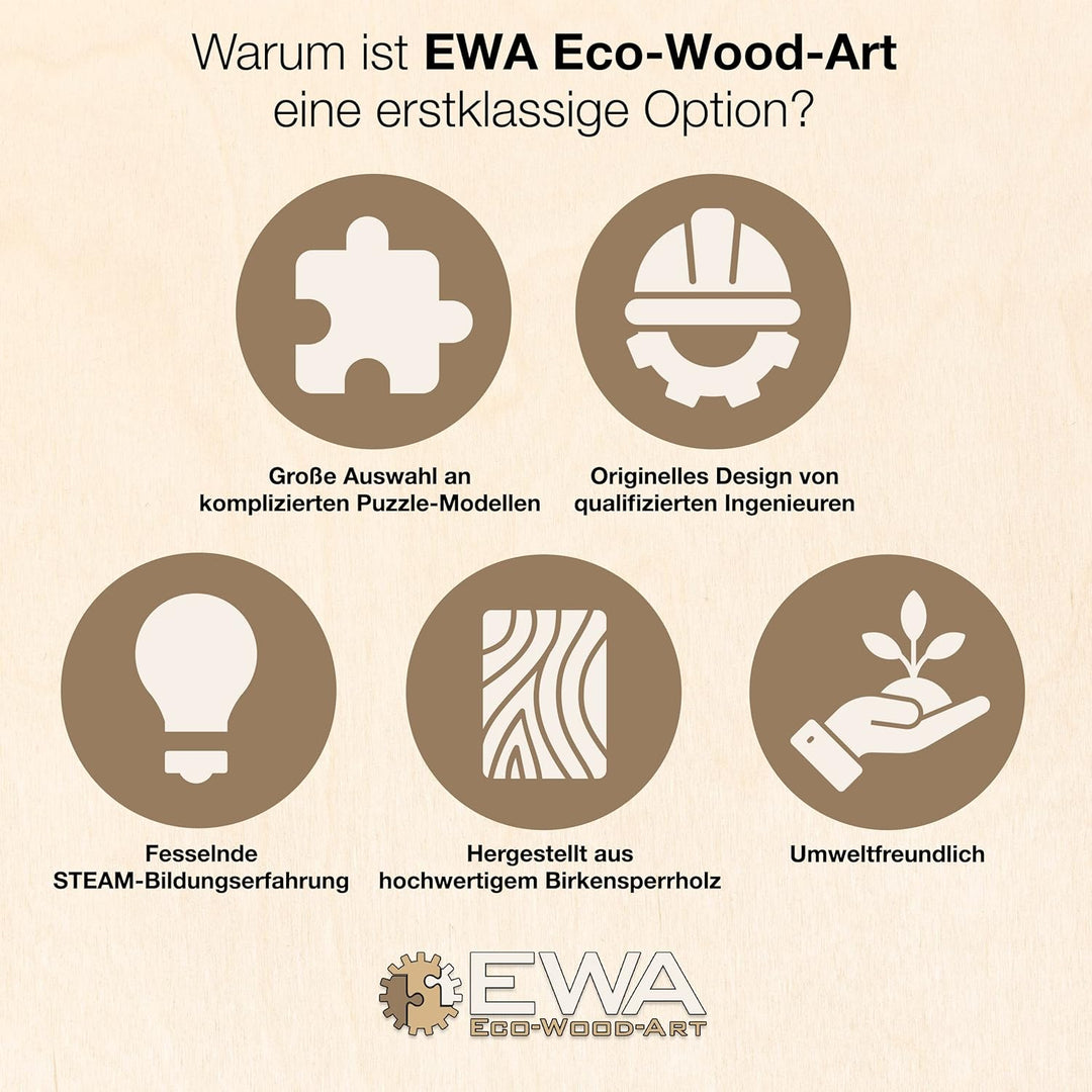 EWA Eco-Wood-Art 3D Puzzle Erwachsene 3D Holzpuzzle mit Gummibandmotor, Rädern &amp; rotierender Kanone