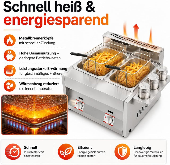 Gas Fritteuse, Doppeltank 2x6L, 50-380°C, Edelstahl, Gastronomie | 430 Edelstahl,genietet,LPG,Deckel