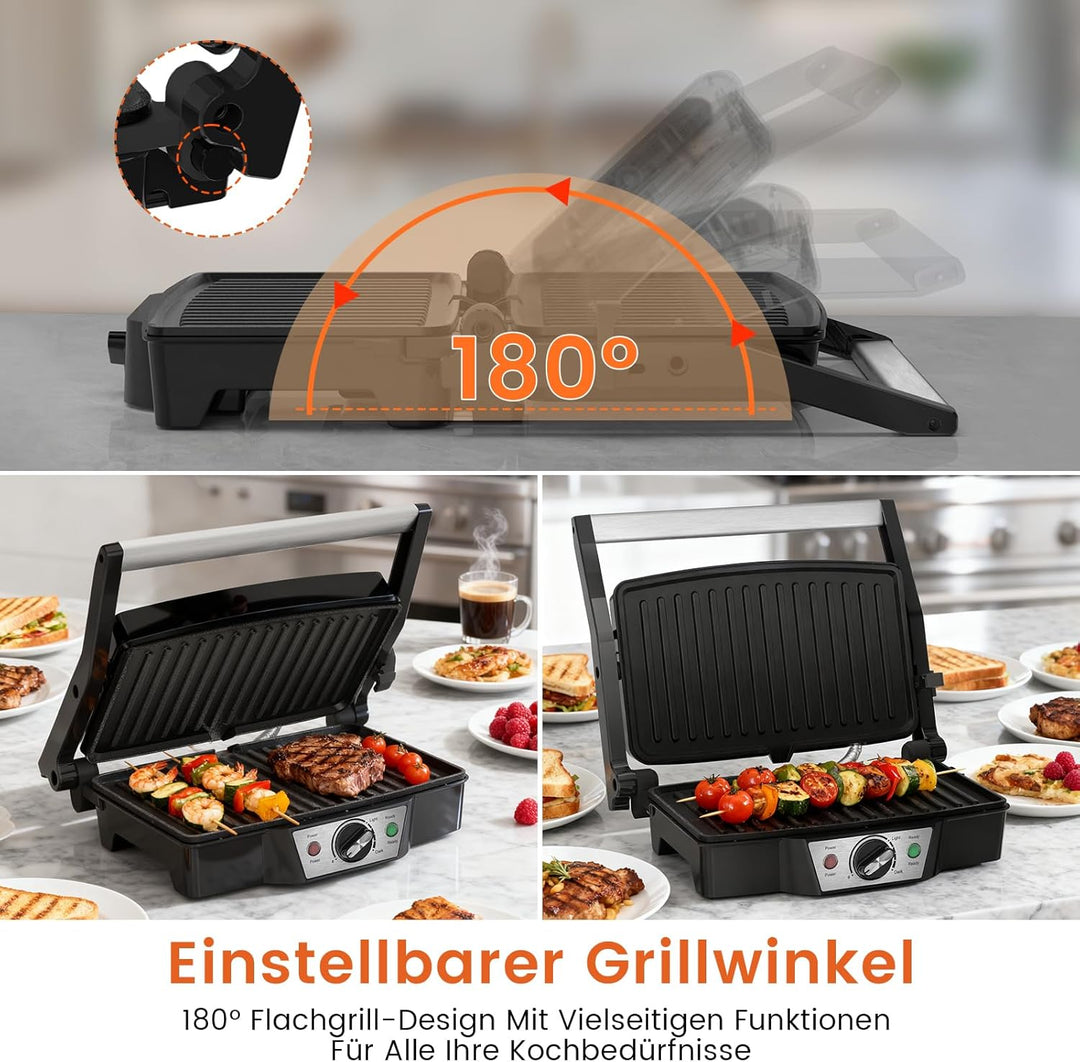 Edelstahl Kontaktgrill Elektrogrill 1500W mit Antihaftplatten | Sandwichmaker & Panini Grill für Ste