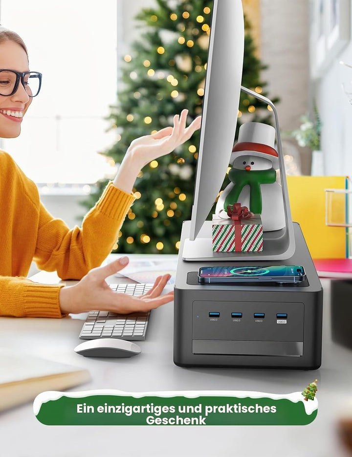 meatanty Monitorständer, 3 in 1 Monitorständer mit USB-Anschlüssen, kabellosem Ladegerät und Schubla