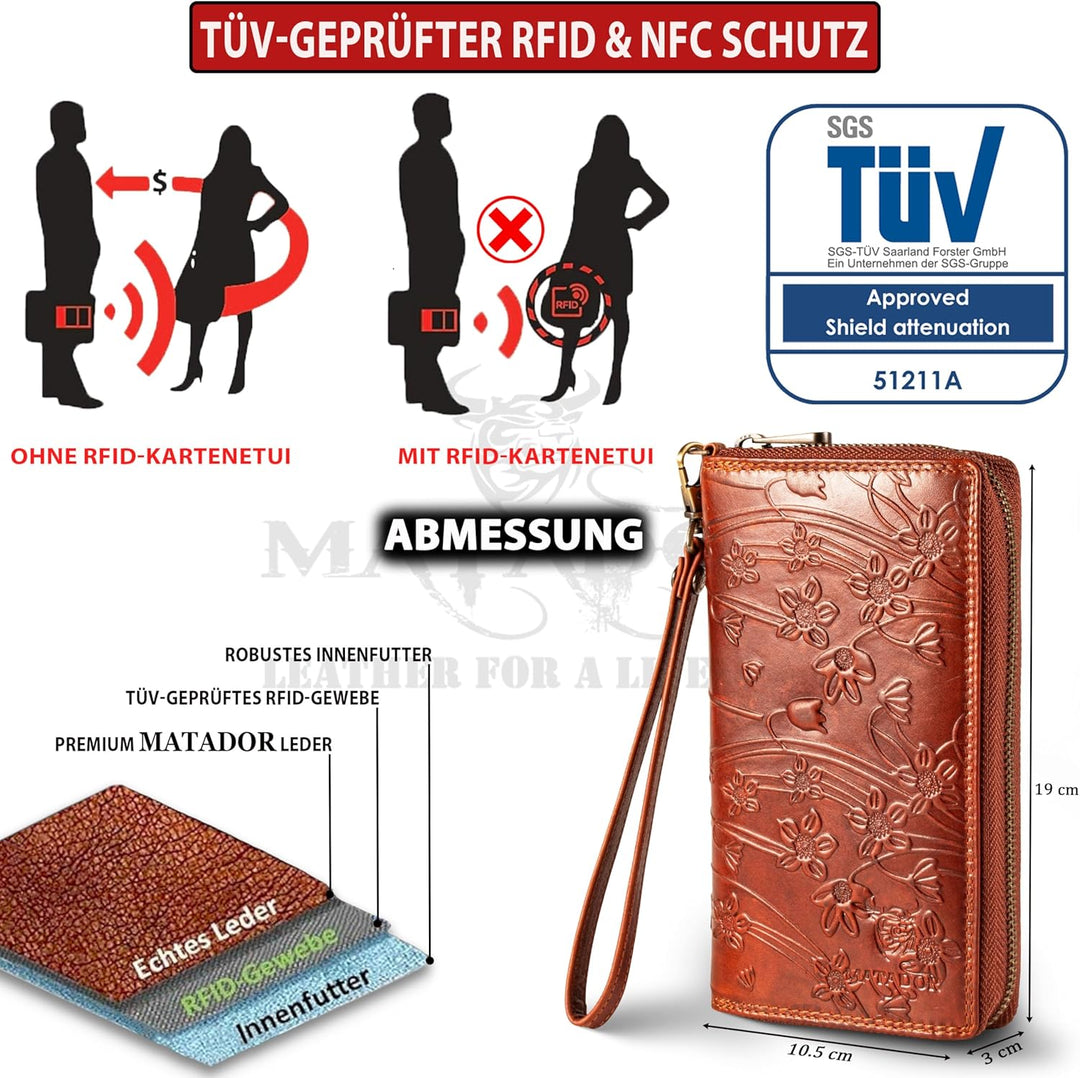MATADOR Echt Leder Damen Lang-Geldbörse Clutch Portemonnaie TüV Geprüfter RFID Schutz Geldtasche Blu