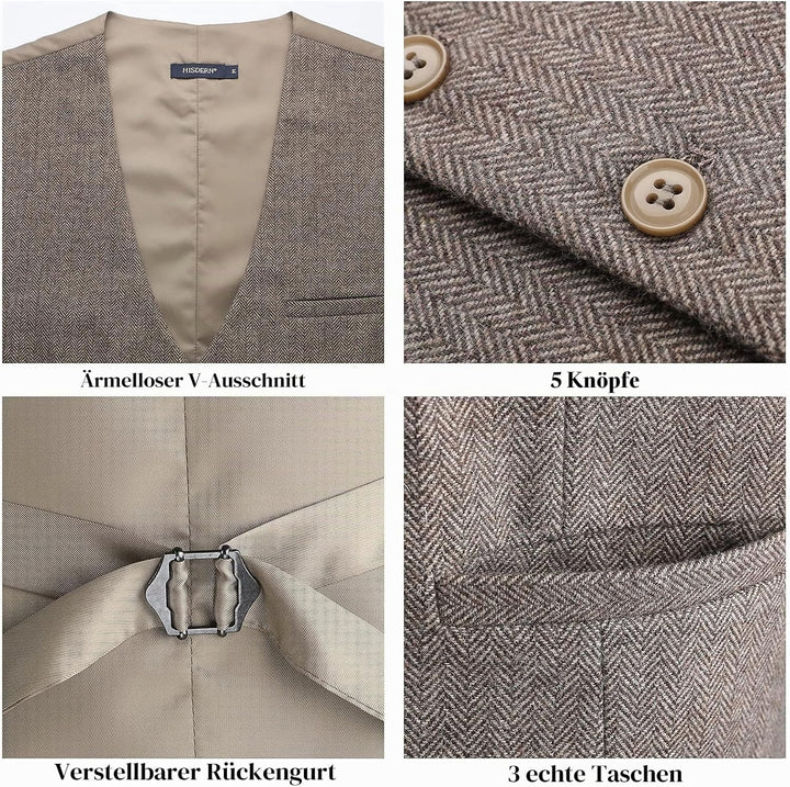 HISDERN Herren Anzugweste Herringbone Weste Hochzeit Herrenweste Formale Tweed Wollweste Classic Bas
