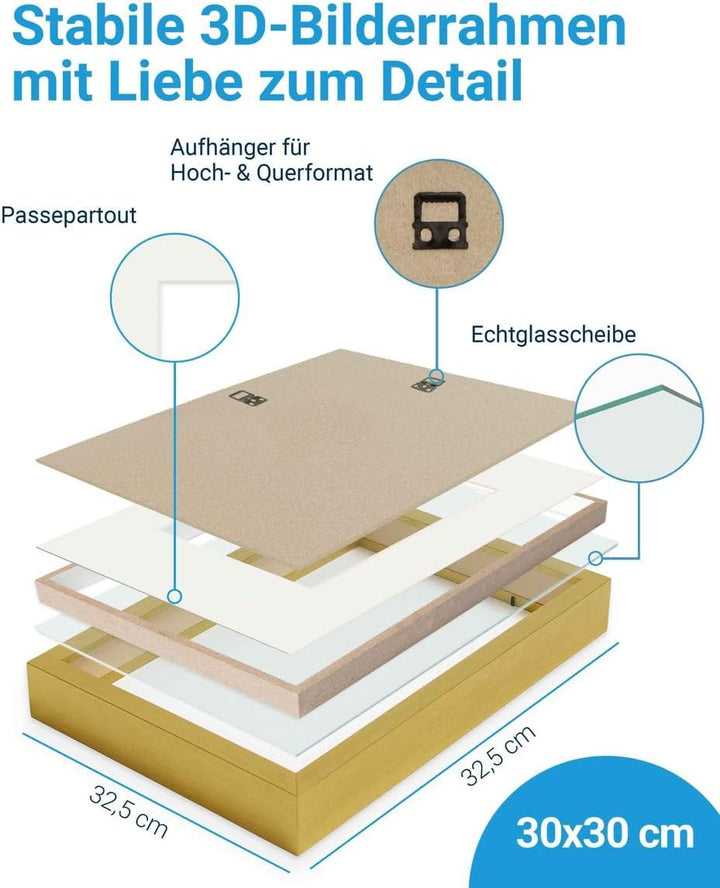 PHOTOLINI 3D Bilderrahmen zum Befüllen 30x30 Gold gross, 1,5 cm tiefer Objektrahmen mit Glas, 2X tie