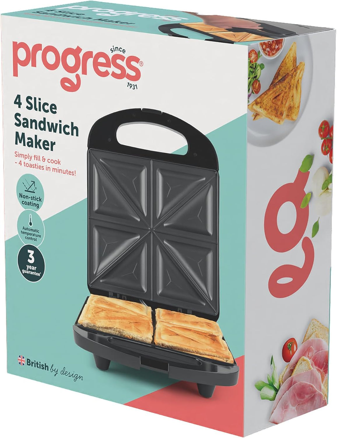 Progress Sandwich-Toaster – Antihaftbeschichteter Toastie-Maker, Bereitet 4 getoastete Sandwiches, 4