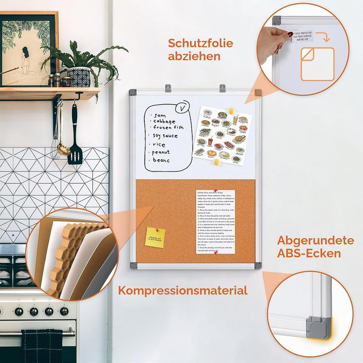 Swansea Whiteboard Magnettafel und Pinnwand Kork Wand Deko mit Aluminiumrahmen für Wohnung, Büro, Kü