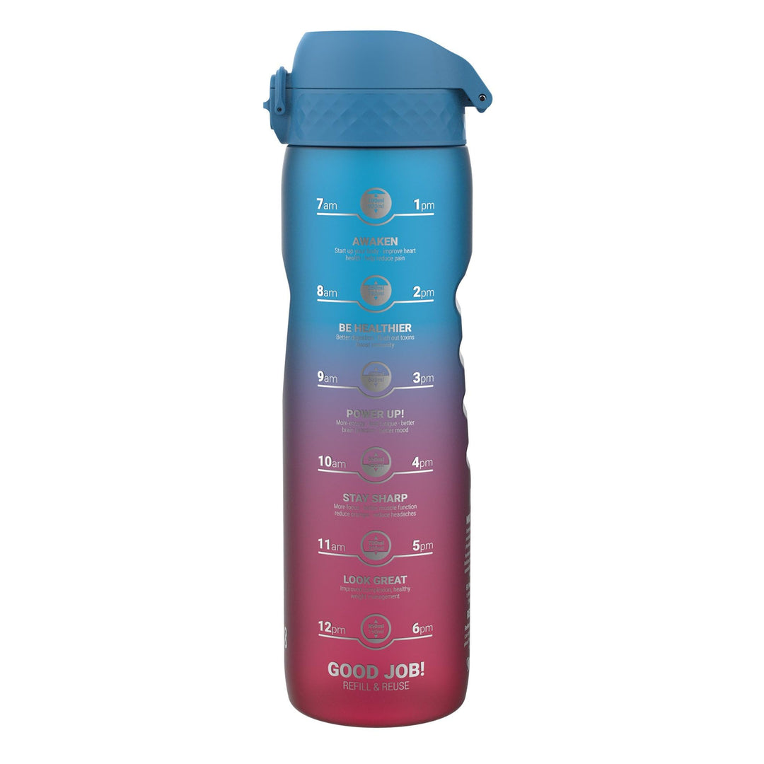 ion8 1 Liter Trinkflasche mit Zeitmarkierungen, Auslaufsicher, Einhandöffnung, Sichere Verriegelung,