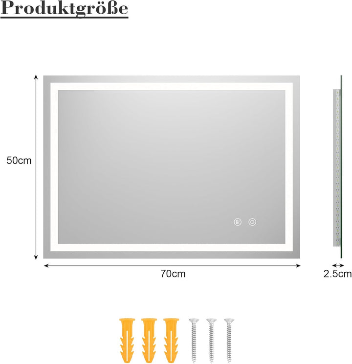 Badspiegel mit Beleuchtung, Badezimmerspiegel 70 x 50 cm, LED Spiegel Bad, mit 3 Lichtfarben, Dimmba