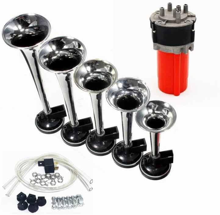 YIYIDA Fünf-Röhren-Musikhorn Autohupe Dixiland Mehrfrequenz-Sound rote Luftpumpe Persönlichkeit 12V