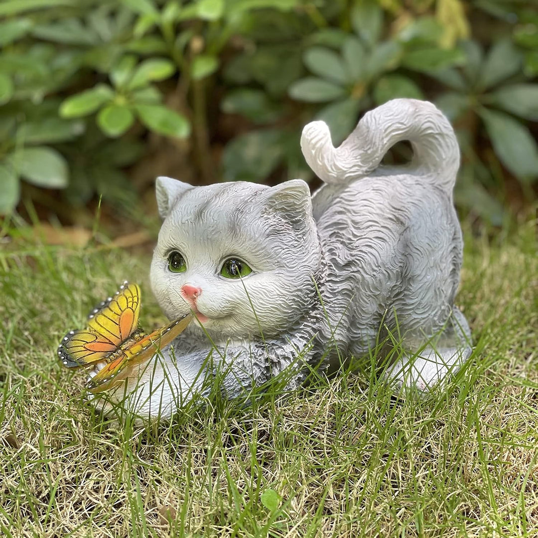 Katzenfigur Garten Deko Katze Gartendeko Schmetterlinge Solarlampen für Aussen Balkon Gartendekorati