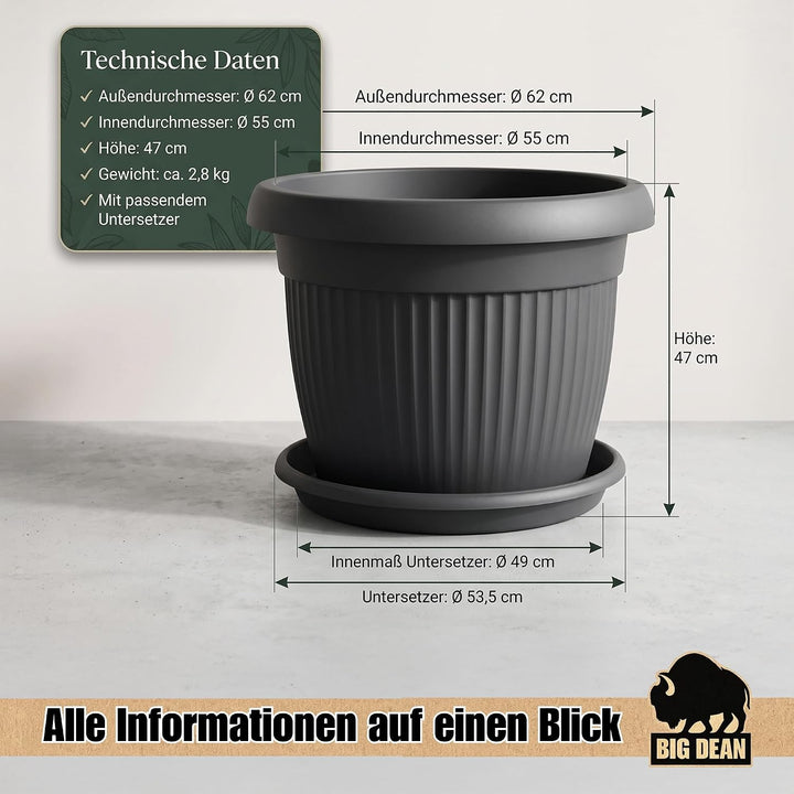 BigDean Jumbo 62cm Blumentopf mit Untersetzer Anthrazit Blumenkübel