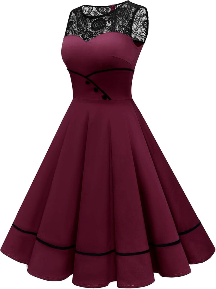 Bbonlinedress Damen Cocktailkleid Rockabilly Spitzenkleid 50er Retro Vintage Faltenrock Elegant Ärme