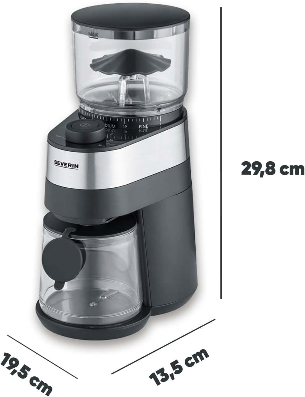 SEVERIN Kaffeemühle, Scheibenmahlwerk, einstellbare Mengendosierung, Mahlgrad in 30 Stufen einstellb