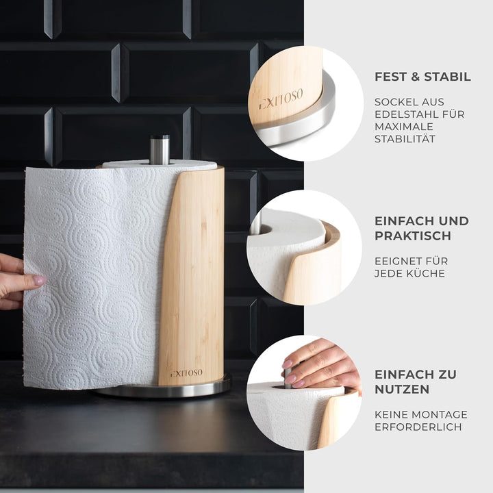 EXITOSO Küchenrollenhalter Bambus - Halter Küchenrolle Edelstahl - Küchentuchhalter - Küchenrollenha