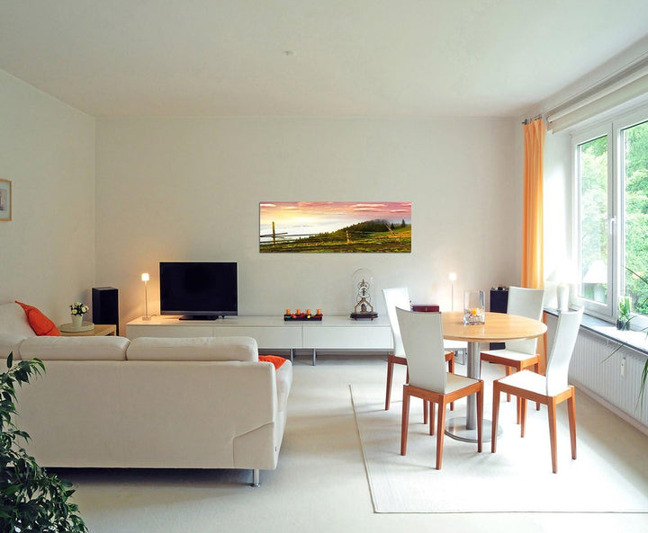 Paul Sinus Art Panoramabild auf Leinwand und Keilrahmen 150x50cm Morgengrauen Landschaft Wald Wiese