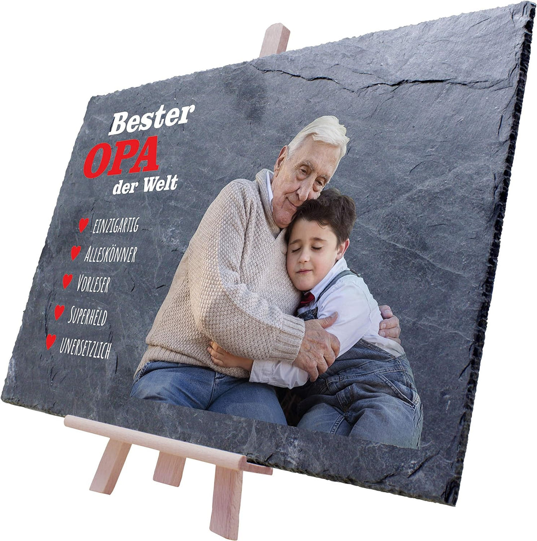 wandmotiv24 Schiefertafel Bester Opa mit Holz-Staffelei, Personalisiert mit Farb-Foto, Digitaldruck,