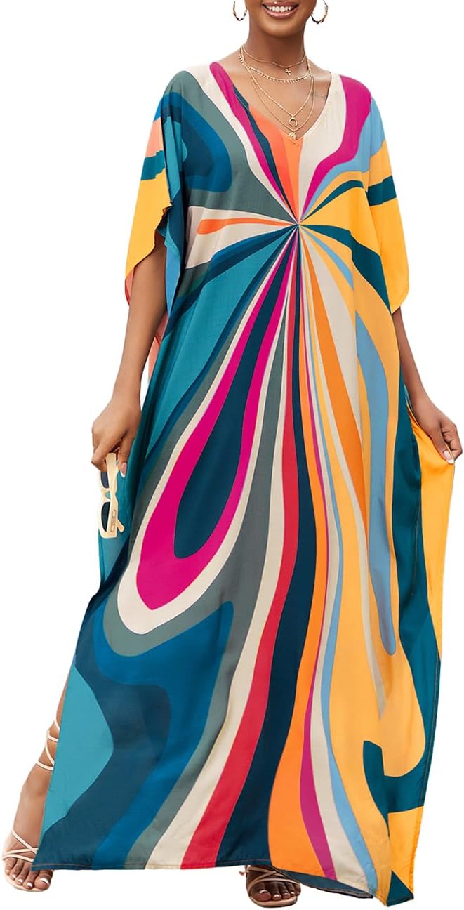 Bsubseach Damen Strandkleid Ethnic Print Kaftan Beach Maxi Kleider Blaue Geometrie, Blaue Geometrie
