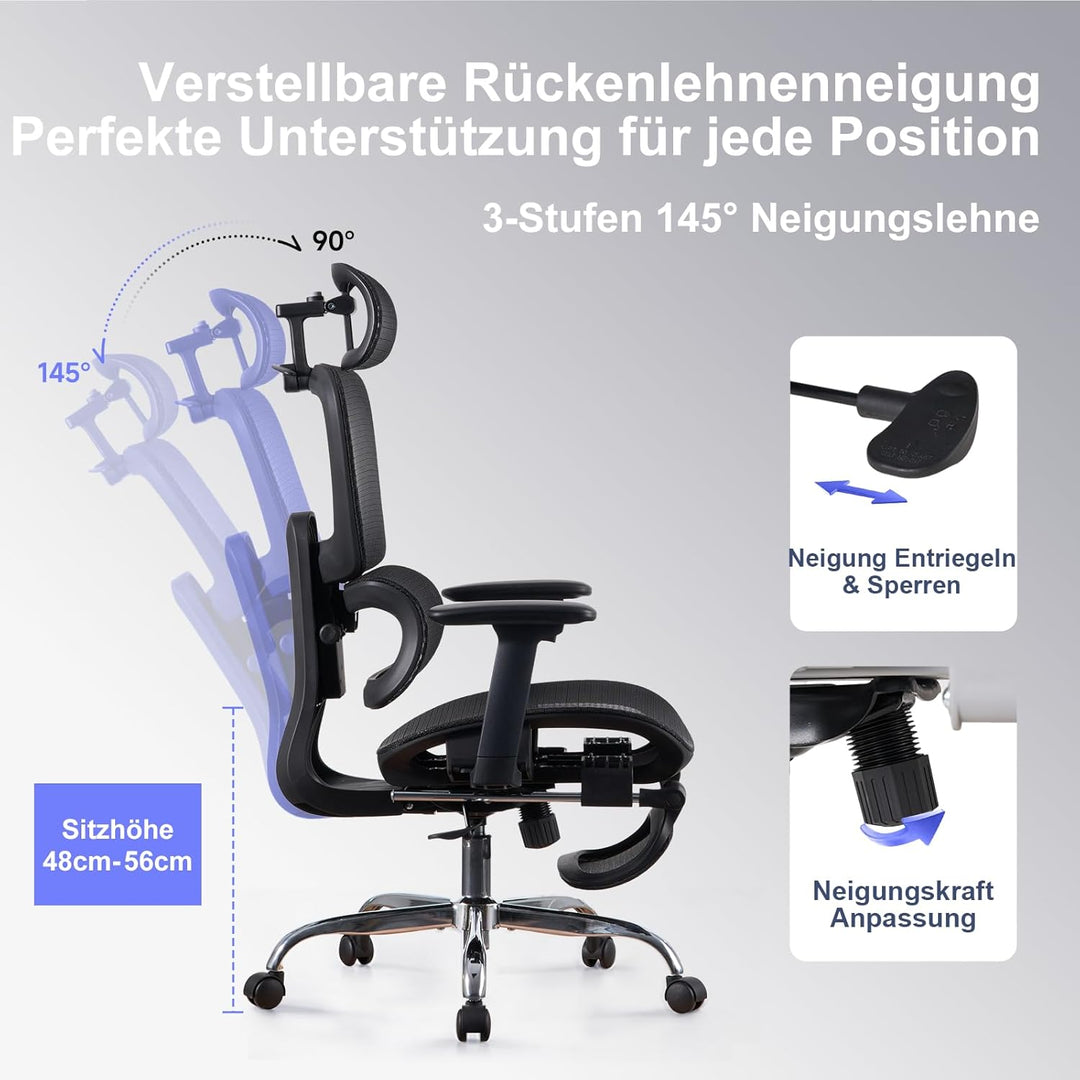 LarkLeaves Ergonomischer Bürostuhl mit Fussstuhl & 3D Armlehnen - Gaming Stuhl mit 5-Fach Höhenverst