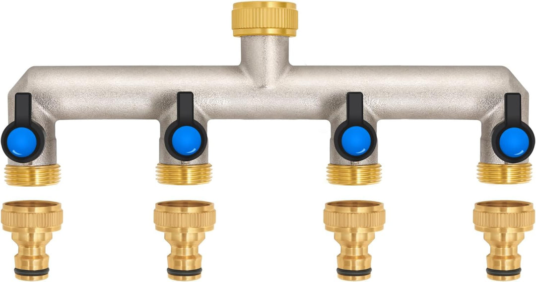 4-Wege Wasserhahn Wasserverteiler aus Messing für 4 Geräte/Gartenschläuche, 4er Verteiler 3/4" Adapt