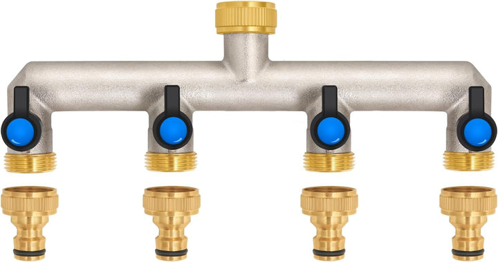 4-Wege Wasserhahn Wasserverteiler aus Messing für 4 Geräte/Gartenschläuche, 4er Verteiler 3/4" Adapt