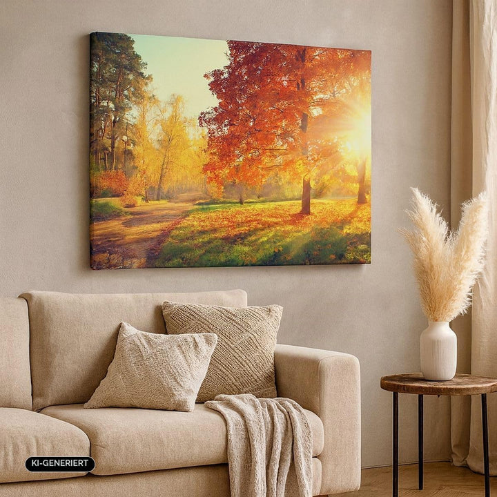 Bilder auf Leinwand Park Herbst Baum Leinwandbild mit Rahmen 70x50cm Wandbilder Dekoration Wohnzimme