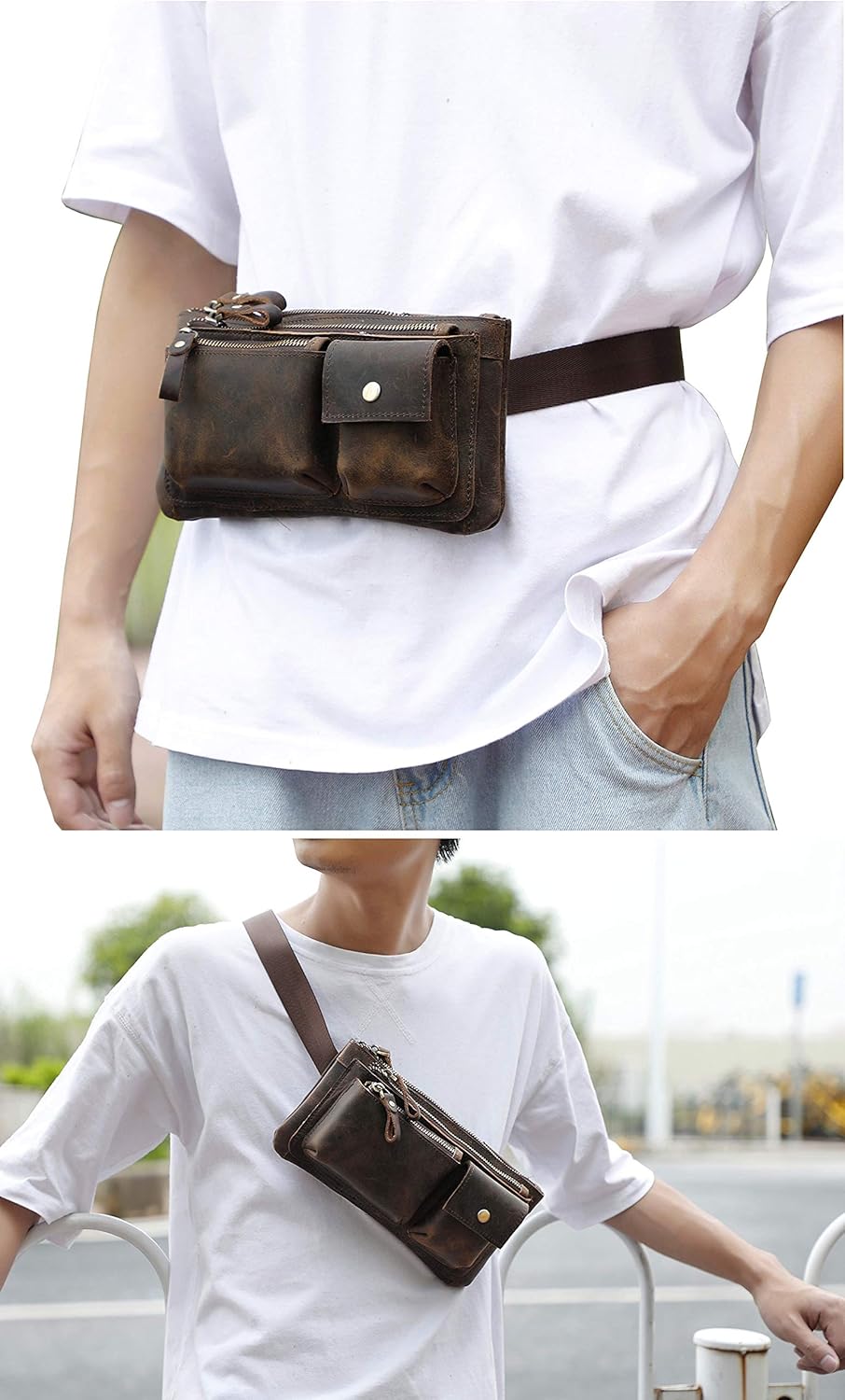 Le’aokuu Herren Echtes Leder Hüfttasche Brusttasche Bauchtsche Crossbody Bag Sling Bag Schultertsche