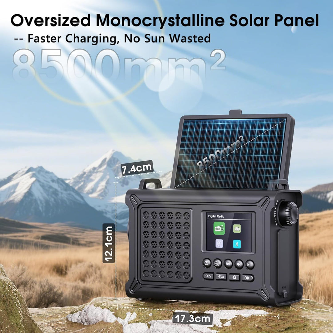 Kurbelradio DAB/UKW, Tragbare Solar Notfallradio mit 12000mAh Wiederaufladbare Powerbank, 2,4 "gross