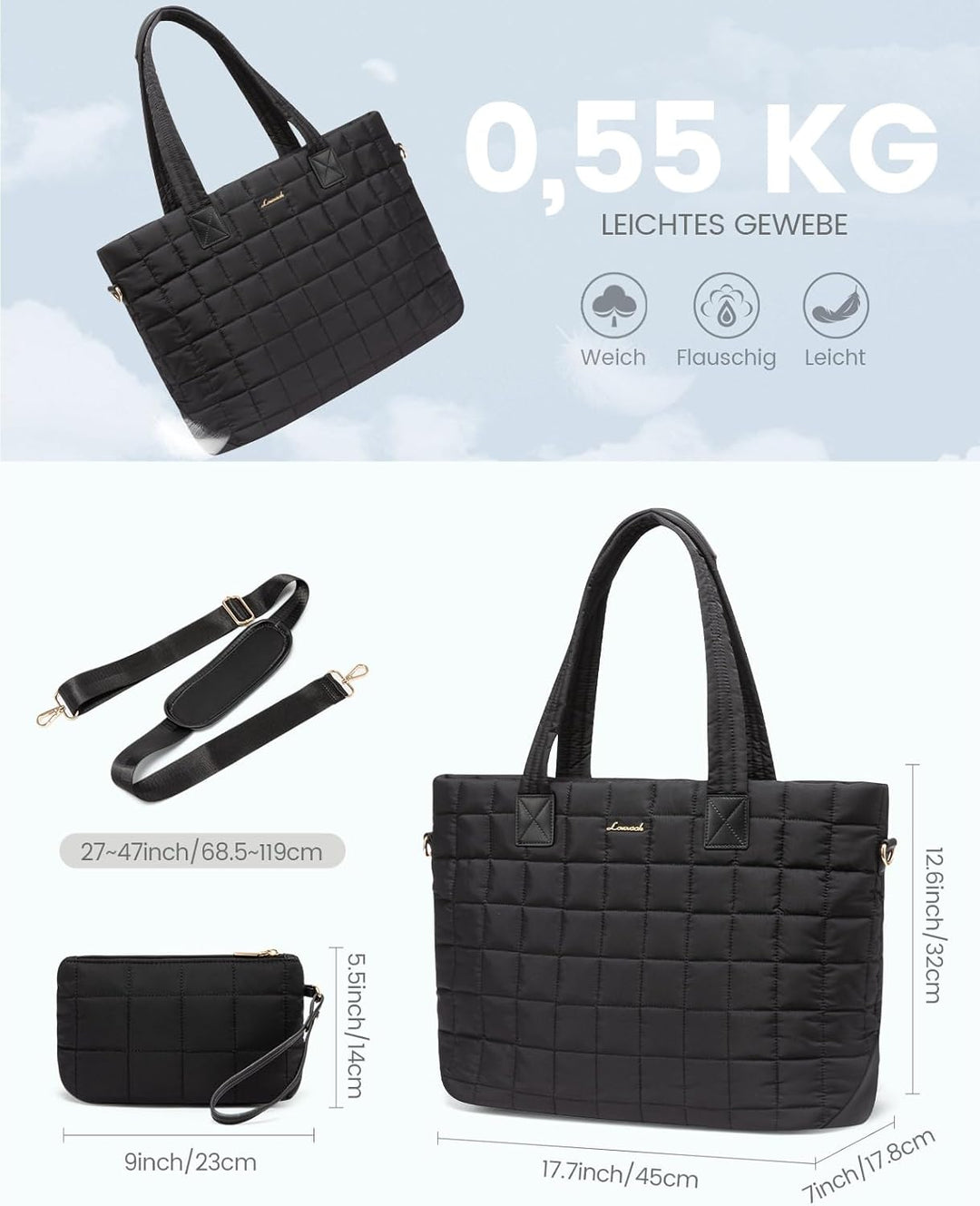 LOVEVOOK Laptoptasche Damen 15,6 Zoll，Laptop Handtasche Arbeitstasche Gross，Puffer Shopper Tasche Sc