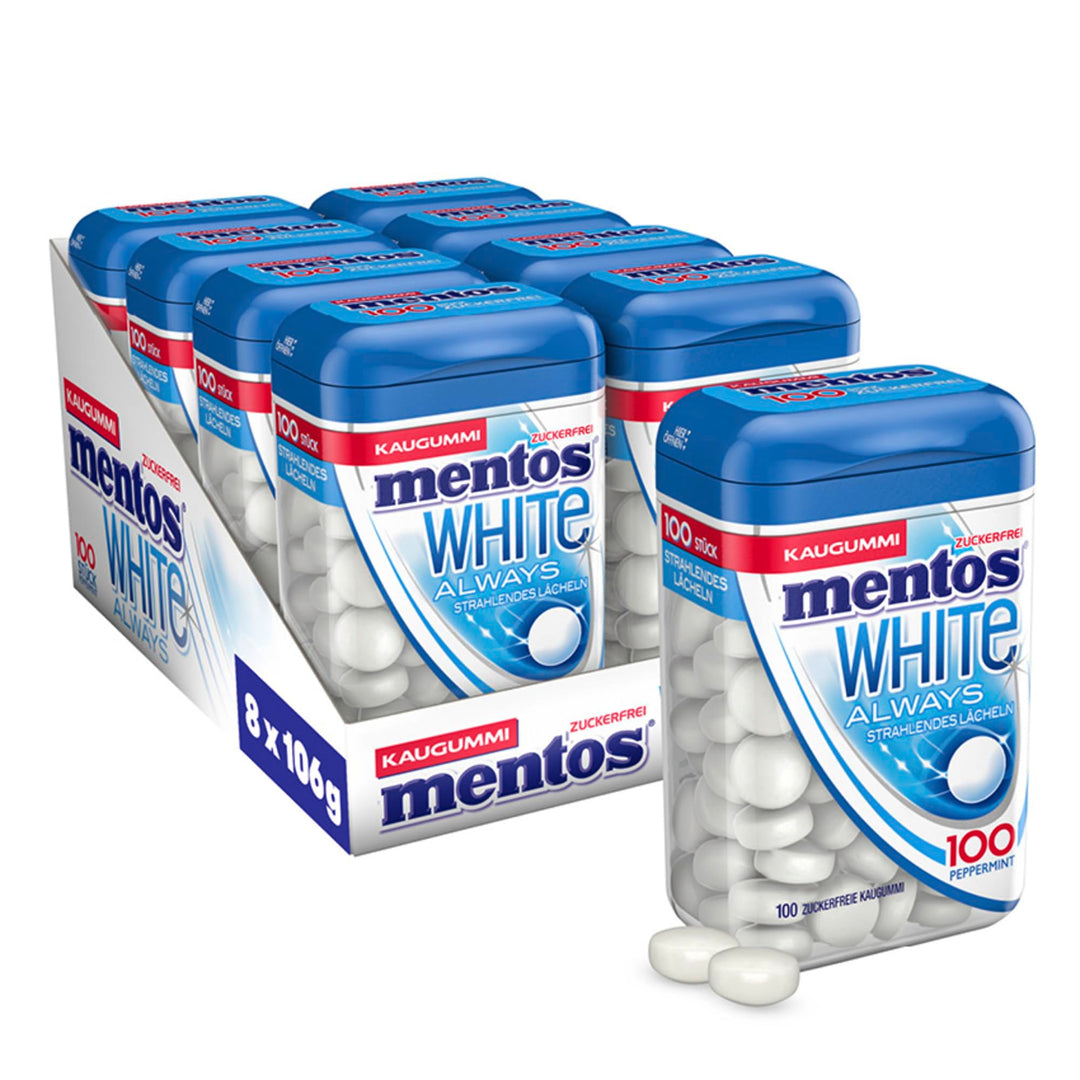 Mentos Kaugummi Always White, 8 XL-Dosen zuckerfreie Chewing Gum Dragees à 100 Stück mit Pfefferminz