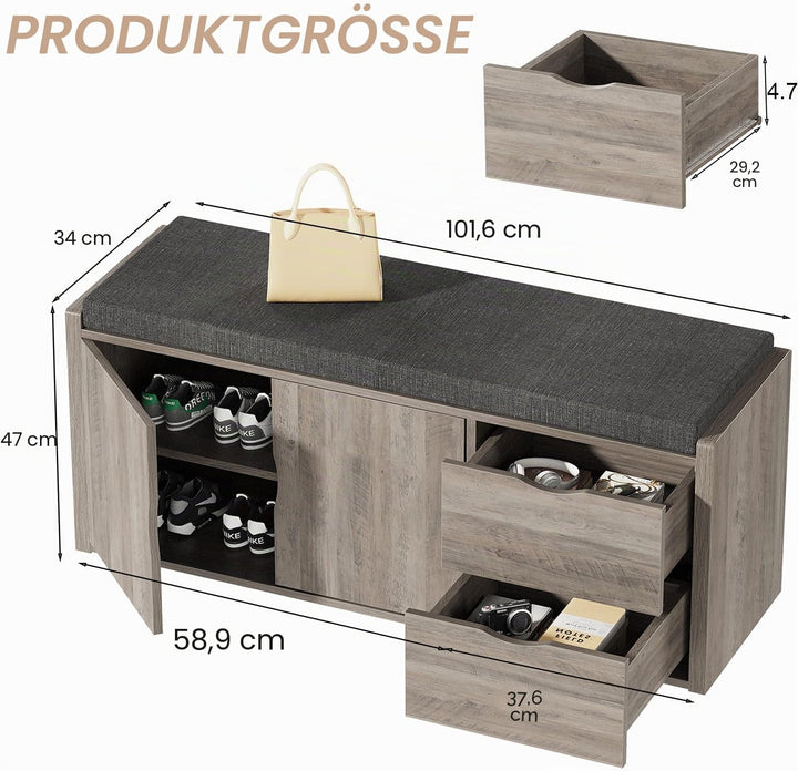 LVB Sitzbank mit Stauraum, Schuhregal mit Schublade, Gepolstert, Multifunktionale Schuhbank mit Sitz