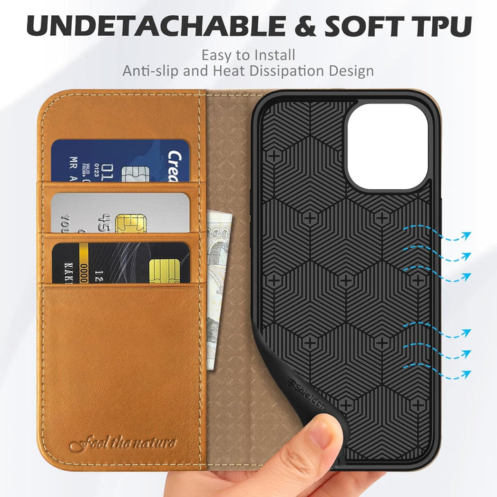 SHIELDON Hülle für iPhone 12 Pro, Handyhülle iPhone 12 [Erstklassig Rindsleder] [Kartenfach] [Magnet