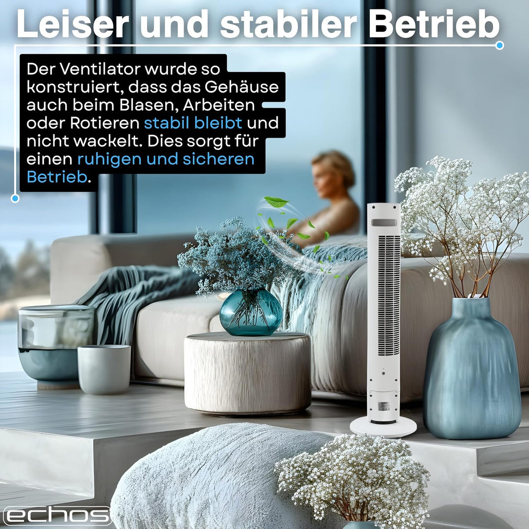 Echos Turmventilator | Ventilator sehr leise | Fernbedienung | Oszillierend | LED-Display | 3 Stufen