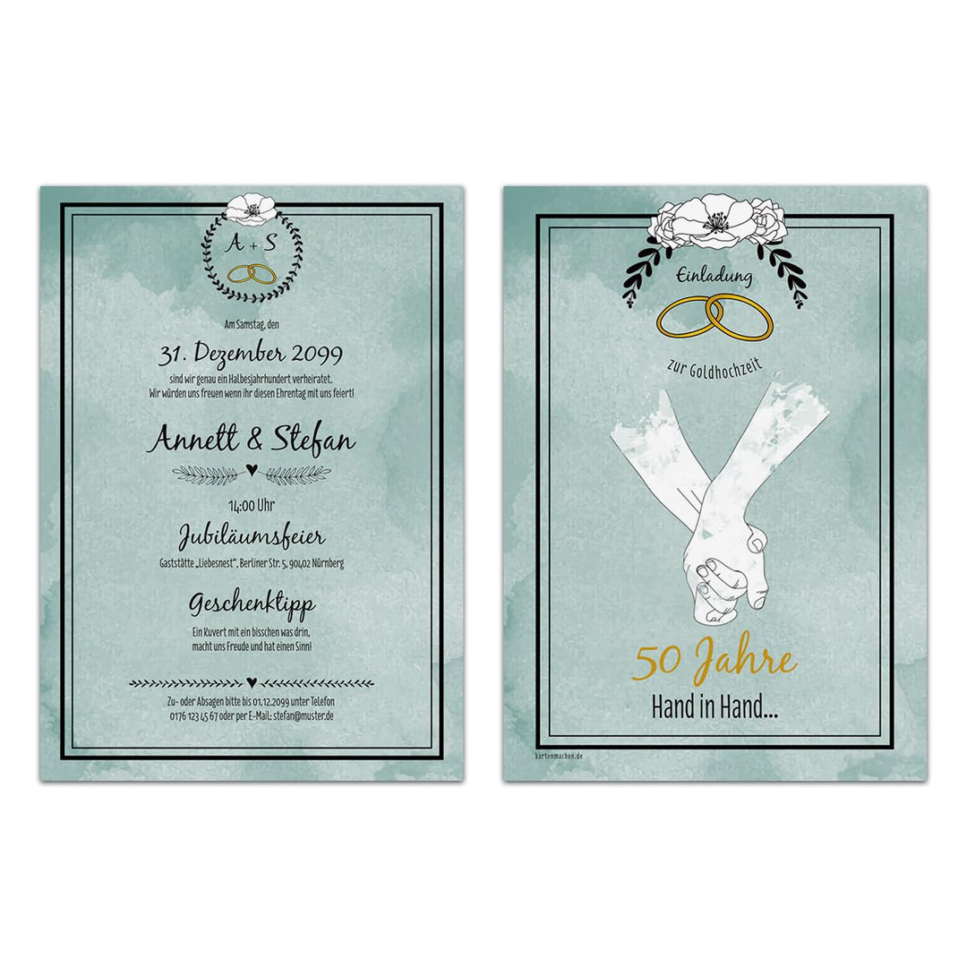 10 x Hochzeitseinladungen Goldhochzeit goldene Hochzeit Einladung - Hand in Hand 10 Stück Goldene Ho