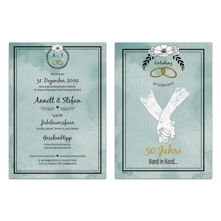 10 x Hochzeitseinladungen Goldhochzeit goldene Hochzeit Einladung - Hand in Hand 10 Stück Goldene Ho