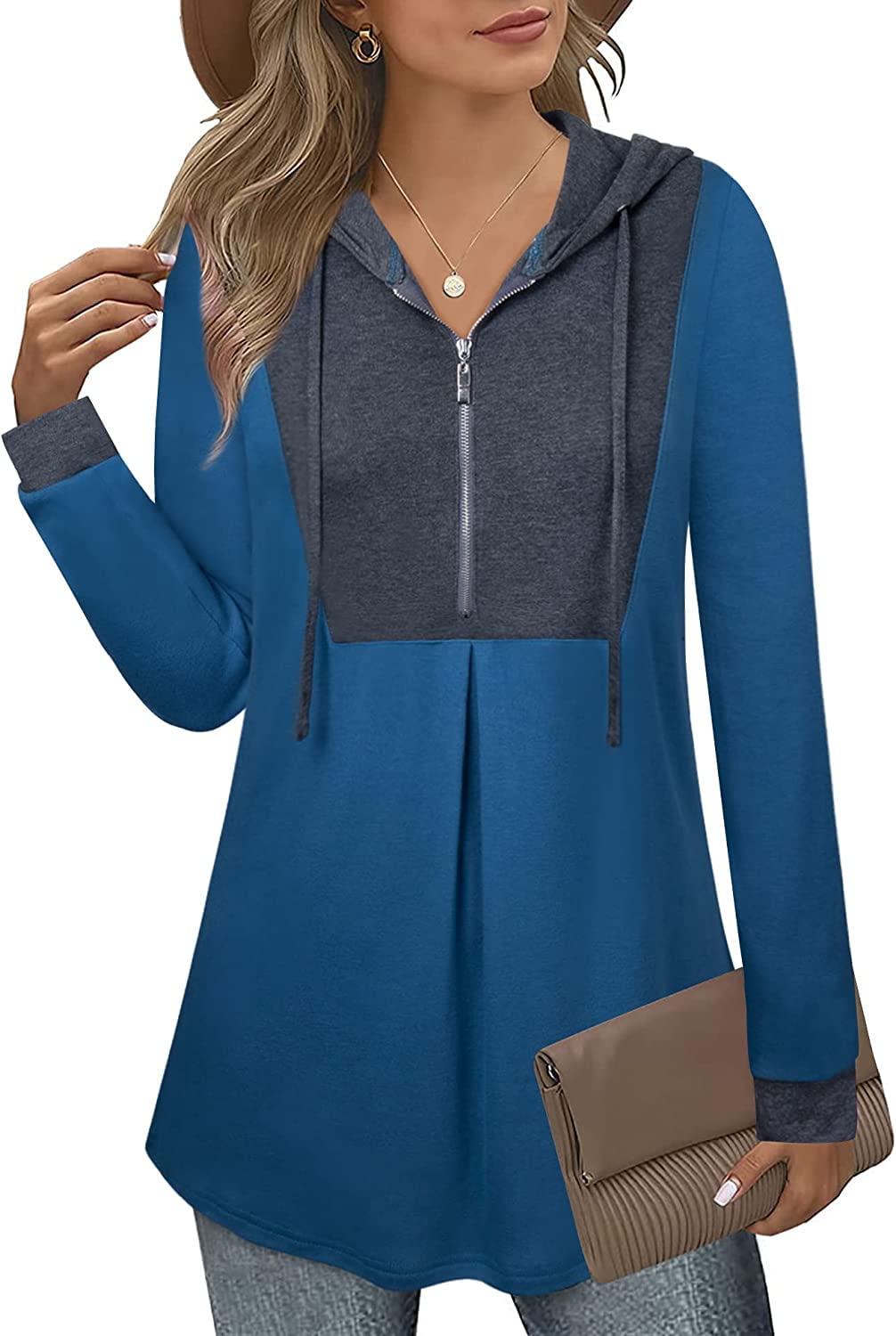 Siddhe Pullover Damen Hoodie 1/4 Zip Farbblock Sweatshirt Kapuzenpullover Tunika Langarm Oberteile M