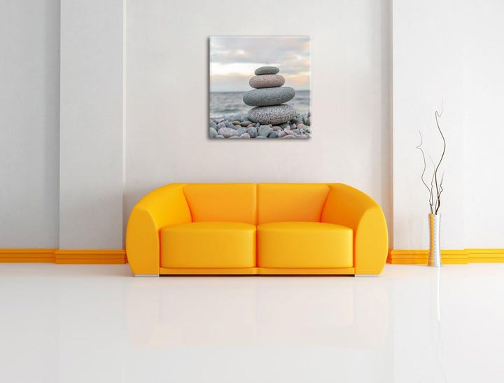 Steinturm am Strand, Format: 70x70 auf Leinwand, XXL riesige Bilder fertig gerahmt mit Keilrahmen, K