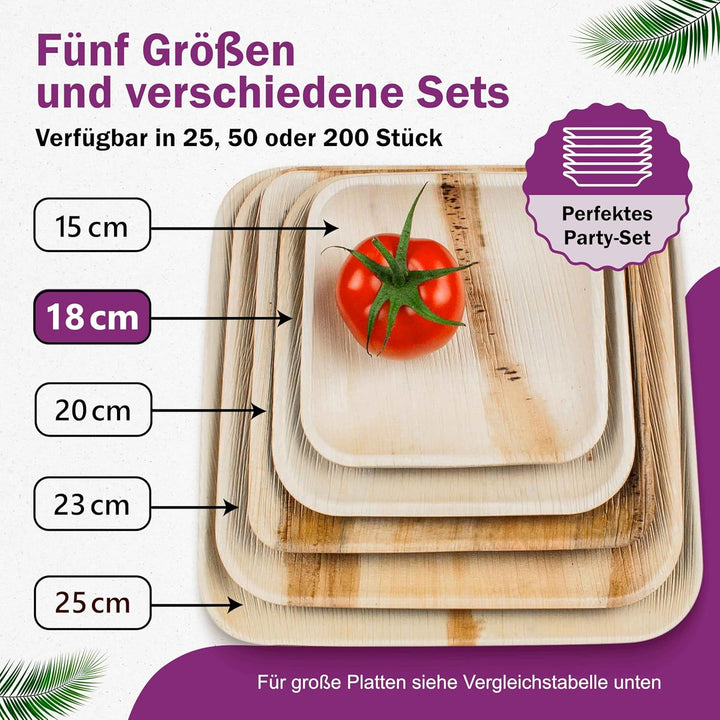 Waipur Bio Palmblatt Teller - 25 Teller eckig 18x18 cm - Premium Einmalteller kompostierbar - Umwelt