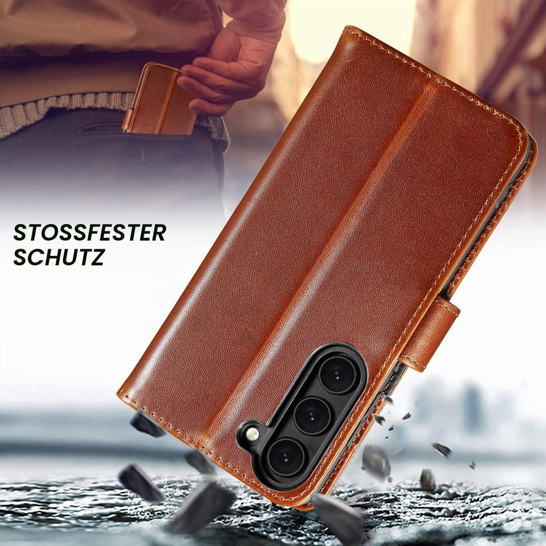 LENSUN Echtleder Hülle für Samsung Galaxy S23, Handyhülle [Echtes Leder] [Magnetverschluss] [RFID Sc