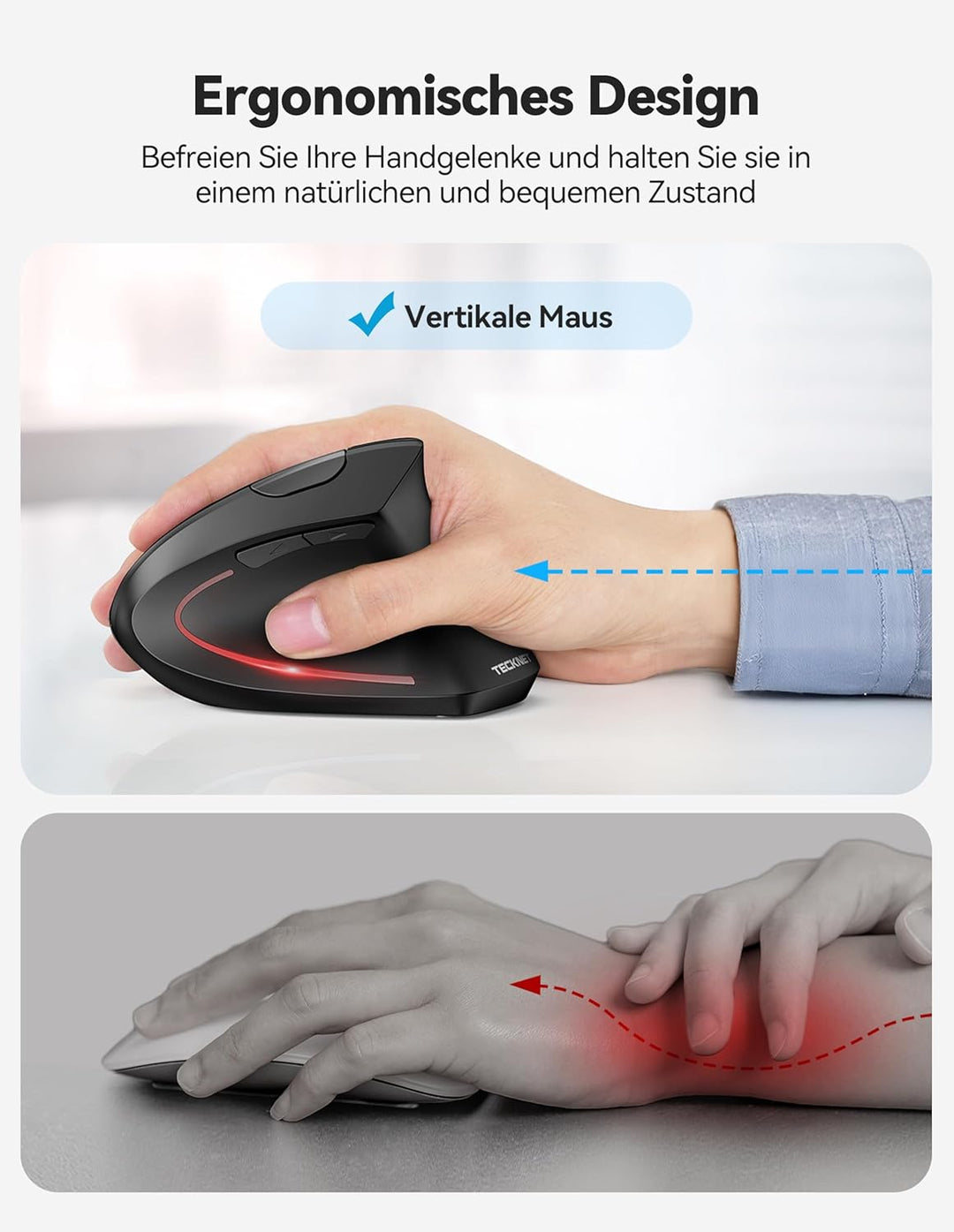 TECKNET Ergonomische Bluetooth Maus, Wiederaufladbar Kabellose Vertikale Maus (BT 5.0/3.0 + 2.4G), 6