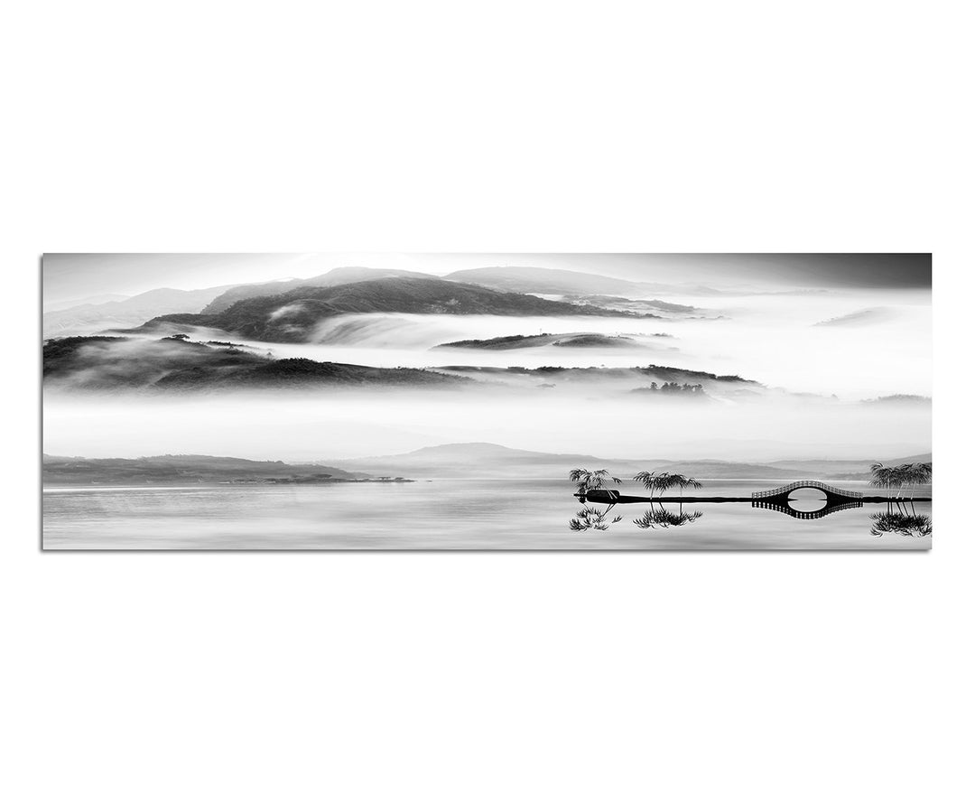 Paul Sinus Art Panoramabild auf Leinwand und Keilrahmen 150x50cm China Landschaft Wasser Berge Nebel