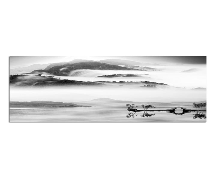 Paul Sinus Art Panoramabild auf Leinwand und Keilrahmen 150x50cm China Landschaft Wasser Berge Nebel