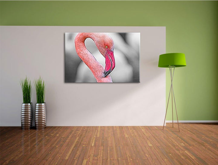 prächtiger Flamingo schwarz/weiss Deluxe Format: 100x70 cm auf Leinwand, XXL riesige Bilder fertig g