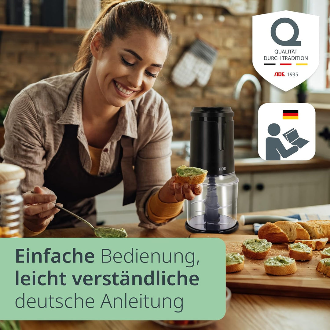 ADE Zerkleinerer Küche elektrisch | Zwiebel Zerkleinerer | Food Processor mit 4 scharfen Edelstahlkl