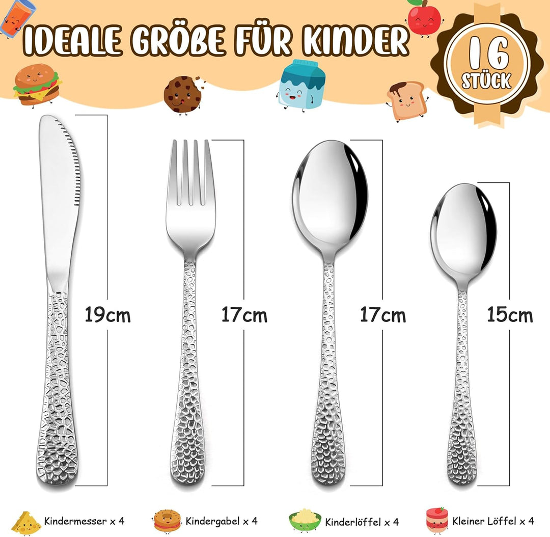 HaWare Kinderbesteck, 16-teilig Edelstahl Kinder Besteck Set mit Hammergriff ab 3 Jahre, Kindergesch