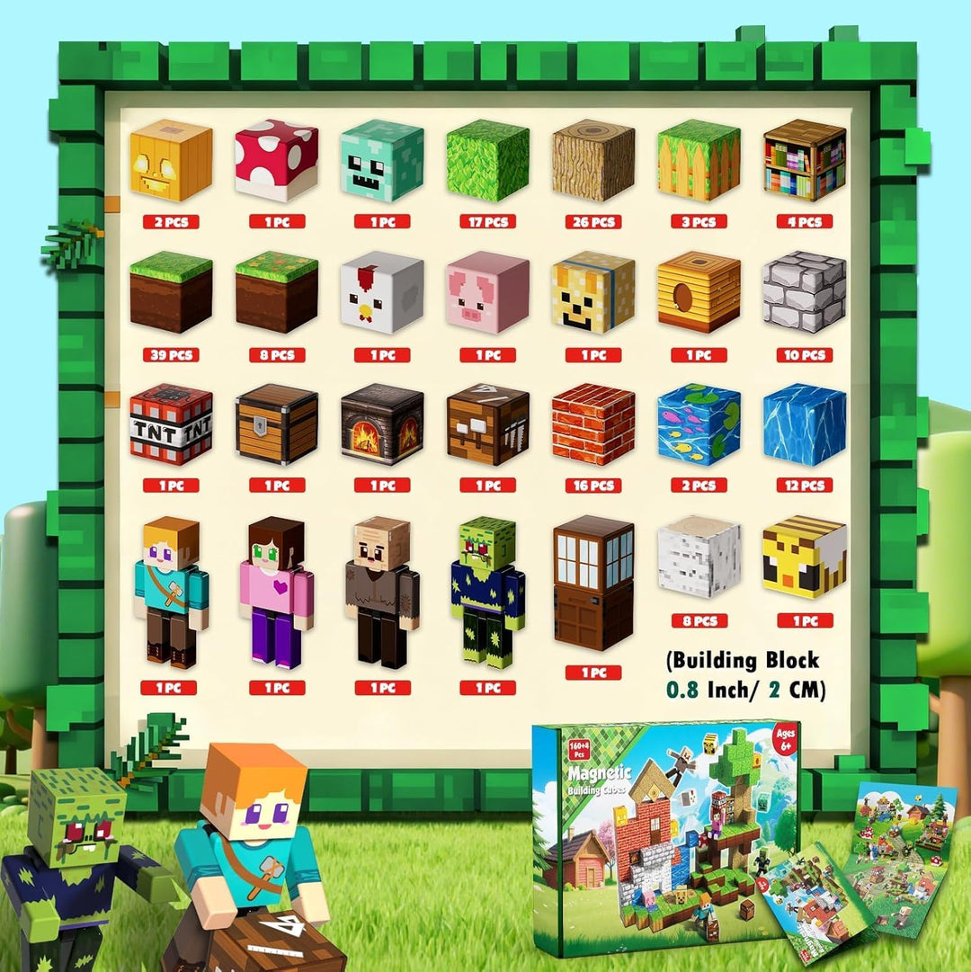 Magnetische Bausteine 164 Stück Magnetbausteine im Magischer Wald Abenteuer Set mit 4 Figuren, Pilzh