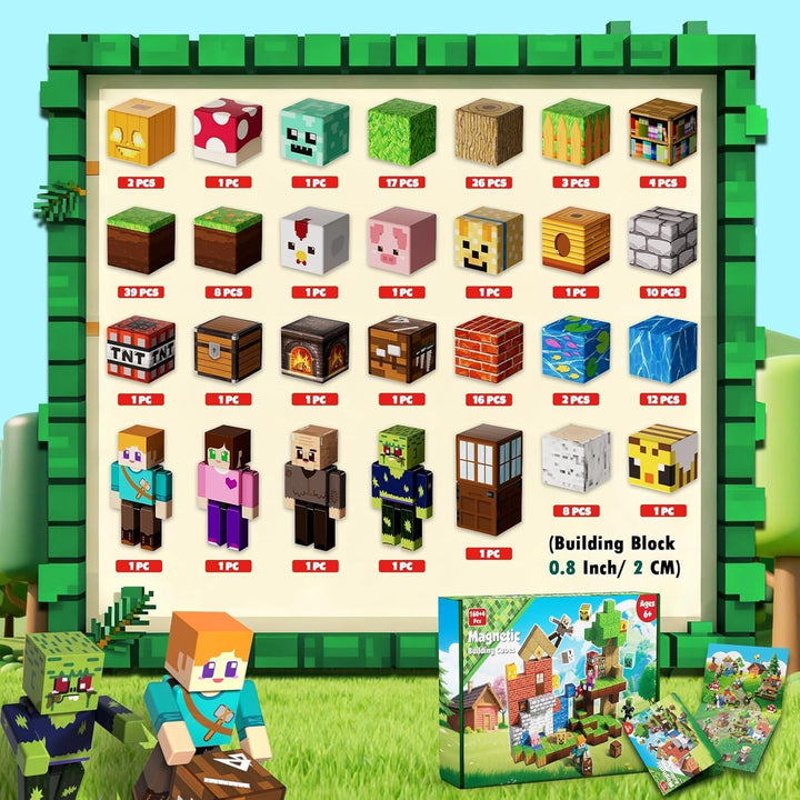 Magnetische Bausteine 164 Stück Magnetbausteine im Magischer Wald Abenteuer Set mit 4 Figuren, Pilzh