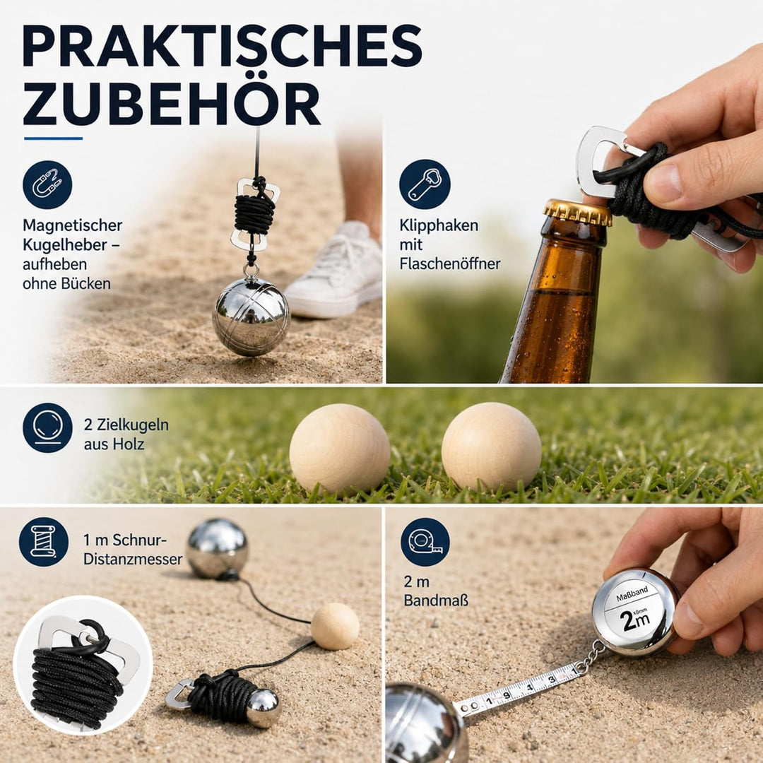 Boule Set 6/8 Metallkugeln mit Hartschalenkoffer–Petanque & Boccia Spiel mit Zielkugel, Abstandsmess