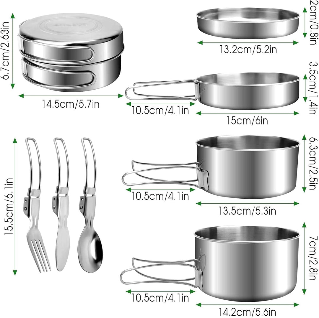 7 St¨¹ck Edelstahl Camping Kochgeschirr Set, Outdoor Kochgeschirr mit Faltbare Besteck, 1-2 Personen