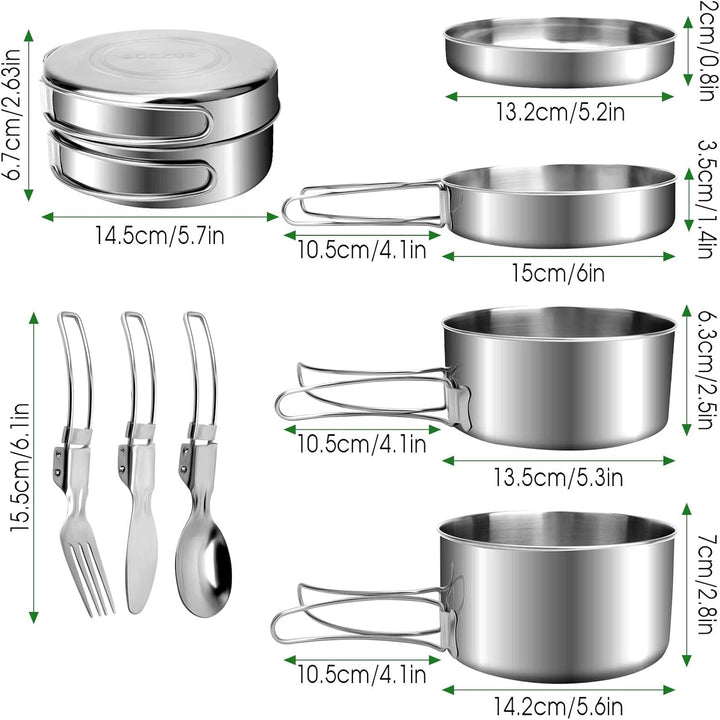 7 St¨¹ck Edelstahl Camping Kochgeschirr Set, Outdoor Kochgeschirr mit Faltbare Besteck, 1-2 Personen